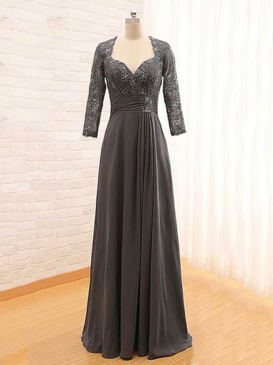 Unique V-neck Lace Chiffon with Beading 3/4 Sleeve Gray Mother of the Bride Dress #UKM01021561