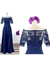 Off-the-shoulder Chiffon Tulle Appliques Lace Short Sleeve Royal Blue Mother of the Bride Dress #UKM01021562