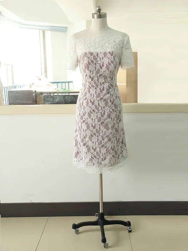 Multi Colours Sheath/Column Short Sleeve Lace Elastic Woven Satin Scoop Neck Mother of the Bride Dress #UKM01021584