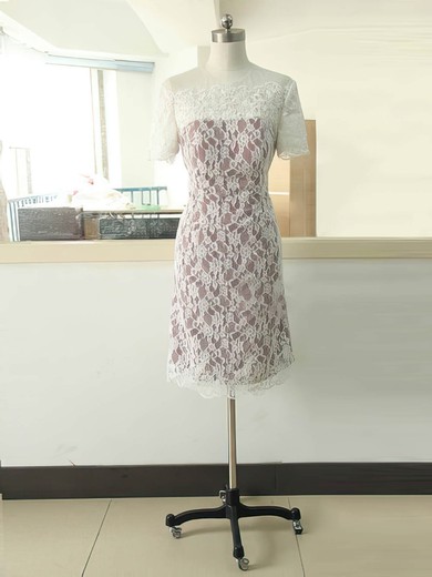 Multi Colours Sheath/Column Short Sleeve Lace Elastic Woven Satin Scoop Neck Mother of the Bride Dress #UKM01021584