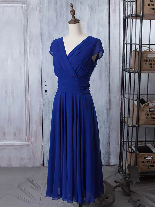 Royal Blue V-neck Chiffon with Ruffles Tea-length Short Sleeve Mother of the Bride Dresses #UKM01021618