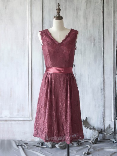 Knee-length V-neck Burgundy Lace Sashes / Ribbons Lace-up Mother of the Bride Dresses #UKM01021622