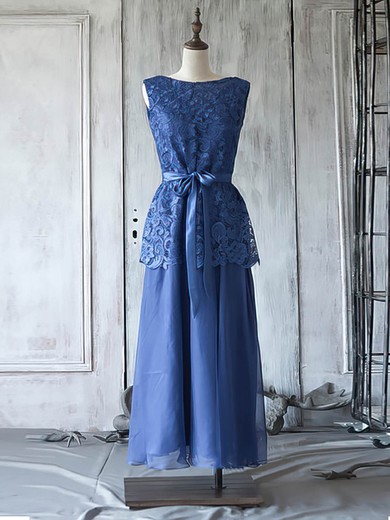 Ankle-length Scoop Neck Royal Blue Lace Chiffon Sashes / Ribbons Mother of the Bride Dress #UKM01021623