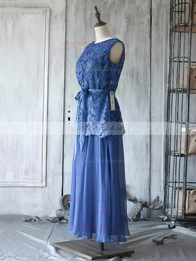 Ankle length Scoop Neck Royal Blue Lace Chiffon Sashes Ribbons Mother of the Bride Dress