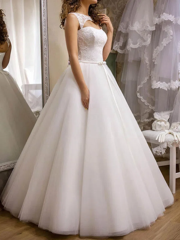 Ball Gown/Princess Illusion Tulle Floor-length Wedding Dresses With Appliques Lace #UKM00022690