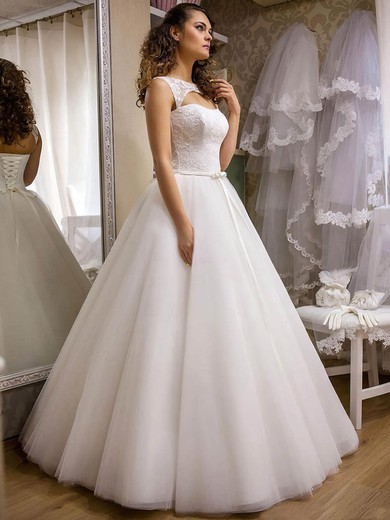 Princess Scoop Neck Tulle with Appliques Lace Floor-length Noble Wedding Dresses #UKM00022690