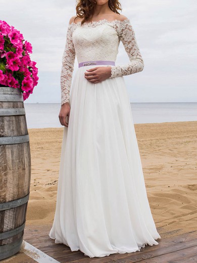 A-line Off-the-shoulder Lace Chiffon Floor-length Wedding Dresses With Sashes / Ribbons #UKM00022694