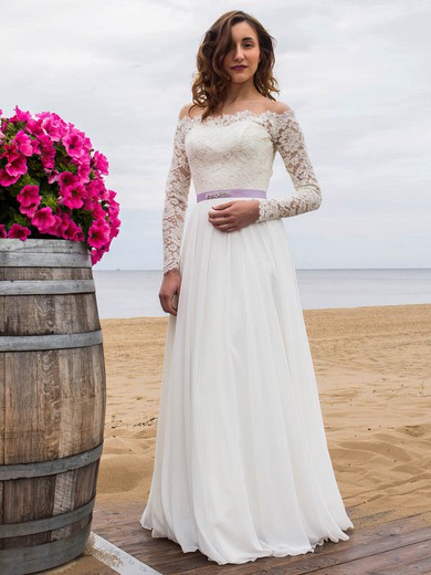 A-line Off-the-shoulder Lace Chiffon Sashes / Ribbons Floor-length Fashion Wedding Dresses #UKM00022694