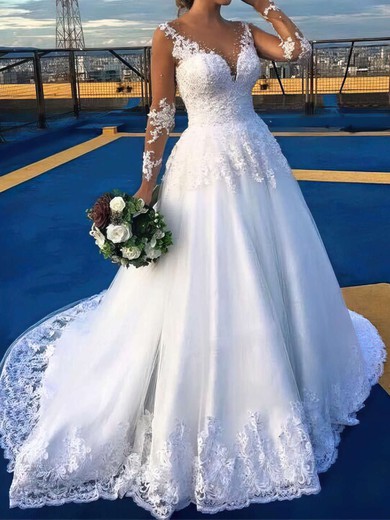 Ball Gown/Princess V-neck Tulle Court Train Wedding Dresses With Beading #UKM00022701