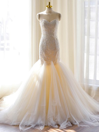 Trumpet/Mermaid Sweetheart Tulle Court Train Wedding Dresses With Appliques Lace #UKM00022703