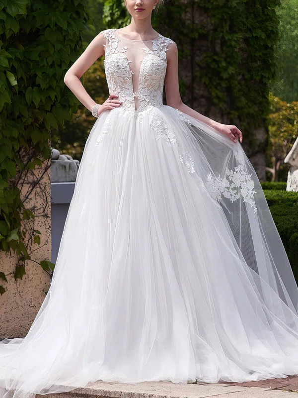 Ball Gown Illusion Tulle Court Train Wedding Dresses With Appliques Lace #UKM00022705
