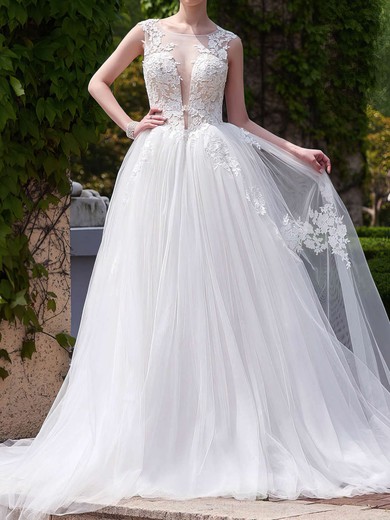 Ball Gown/Princess Illusion Tulle Court Train Wedding Dresses With Appliques Lace #UKM00022705