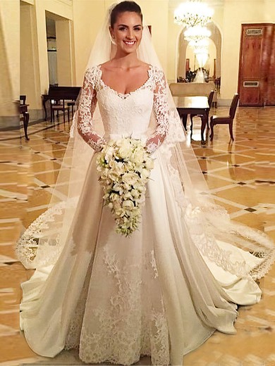 A-line V-neck Satin Tulle Appliques Lace Court Train Long Sleeve Vintage Wedding Dresses #UKM00022686