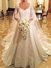 Ball Gown/Princess V-neck Satin Court Train Wedding Dresses With Appliques Lace #UKM00022686