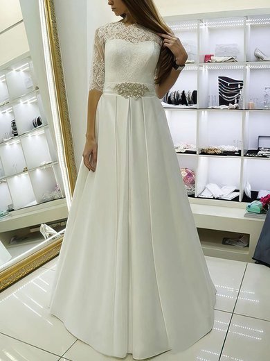 Elegant A-line Scalloped Neck Satin Lace Sashes / Ribbons Floor-length 1/2 Sleeve Wedding Dresses #UKM00022688