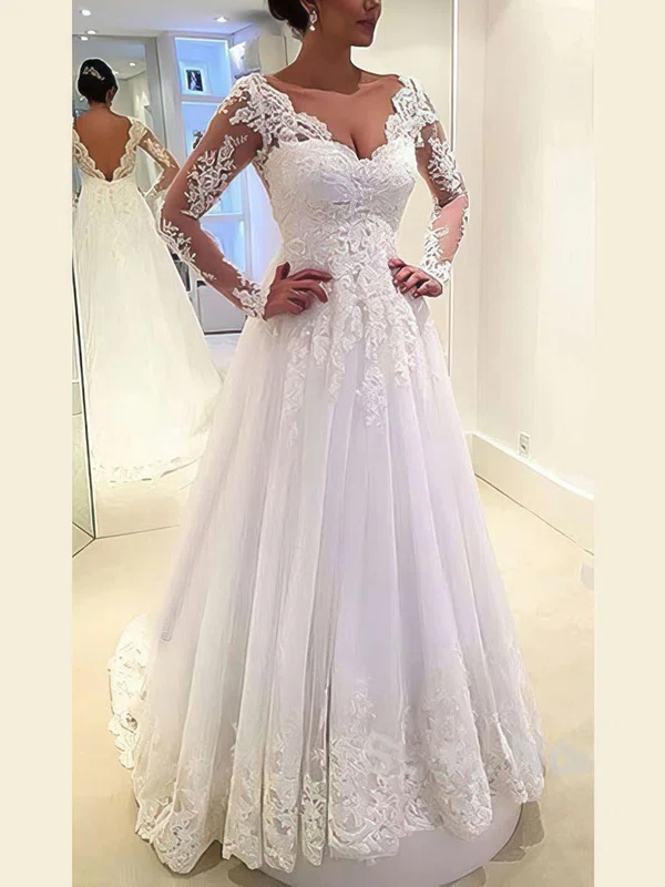 Classic A-line V-neck Tulle Appliques Lace Sweep Train Long Sleeve Backless Wedding Dresses #UKM00022677