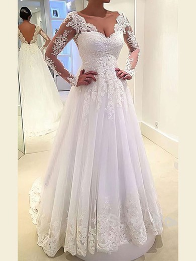 Ball Gown/Princess V-neck Tulle Sweep Train Wedding Dresses With Appliques Lace #UKM00022677