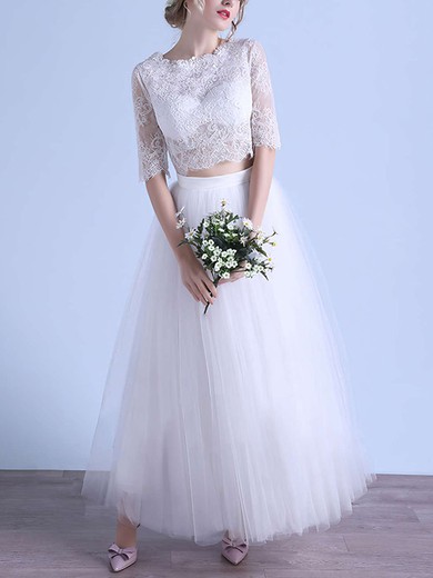 Ball Gown Illusion Tulle Ankle-length Wedding Dresses With Appliques Lace #UKM00022679