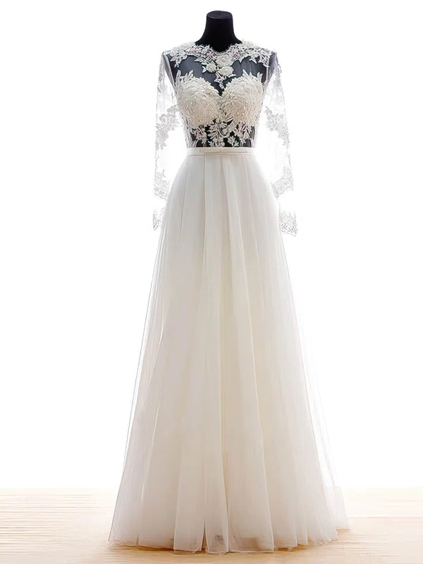 A-line Illusion Tulle Floor-length Wedding Dresses With Appliques Lace #UKM00022682
