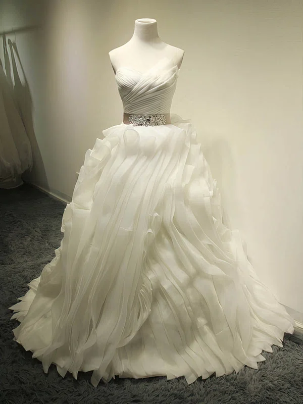 Ball Gown V-neck Organza Court Train Wedding Dresses With Cascading Ruffles #UKM00022683