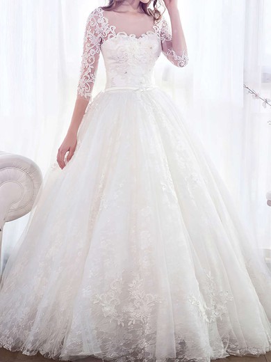 Ball Gown/Princess Illusion Tulle Floor-length Wedding Dresses With Appliques Lace #UKM00022671