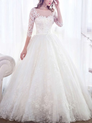 Ball Gown Illusion Tulle Floor-length Wedding Dresses With Appliques Lace #UKM00022671