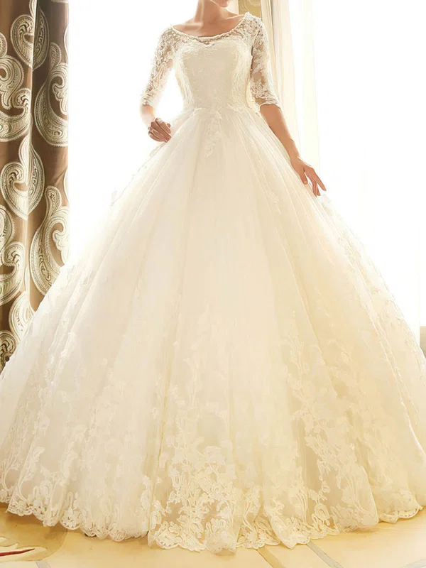 Ball Gown/Princess Illusion Tulle Chapel Train Wedding Dresses With Appliques Lace #UKM00022670