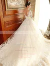 Popular Ball Gown Scoop Neck Tulle Appliques Lace Chapel Train 1/2 Sleeve Backless Wedding Dresses #UKM00022670