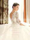 Popular Ball Gown Scoop Neck Tulle Appliques Lace Chapel Train 1/2 Sleeve Backless Wedding Dresses #UKM00022670