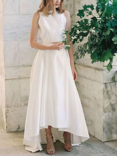 A-line Scoop Neck Satin Asymmetrical Wedding Dresses #UKM00022725