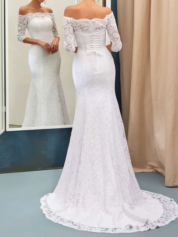 Trumpet/Mermaid Off-the-shoulder Lace Sweep Train Wedding Dresses #UKM00022733