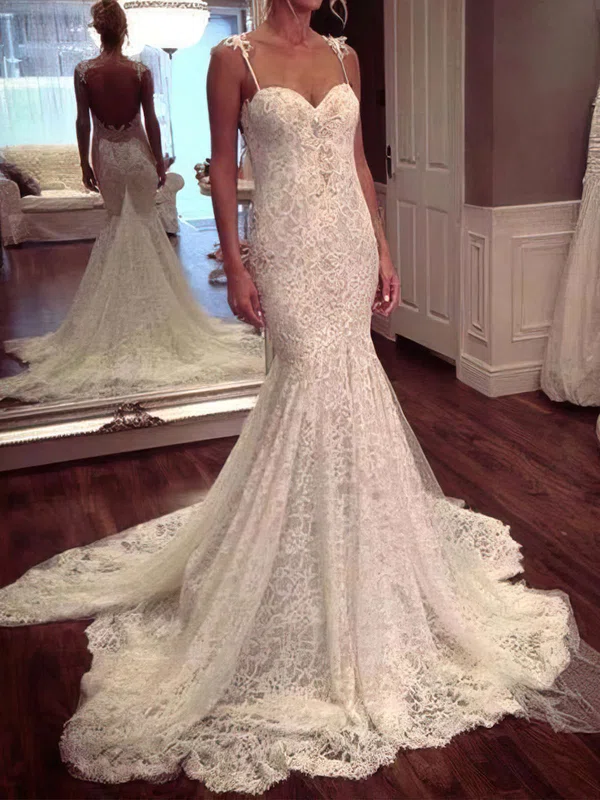 Trumpet/Mermaid Sweetheart Lace Watteau Train Wedding Dresses With Appliques Lace #UKM00022647