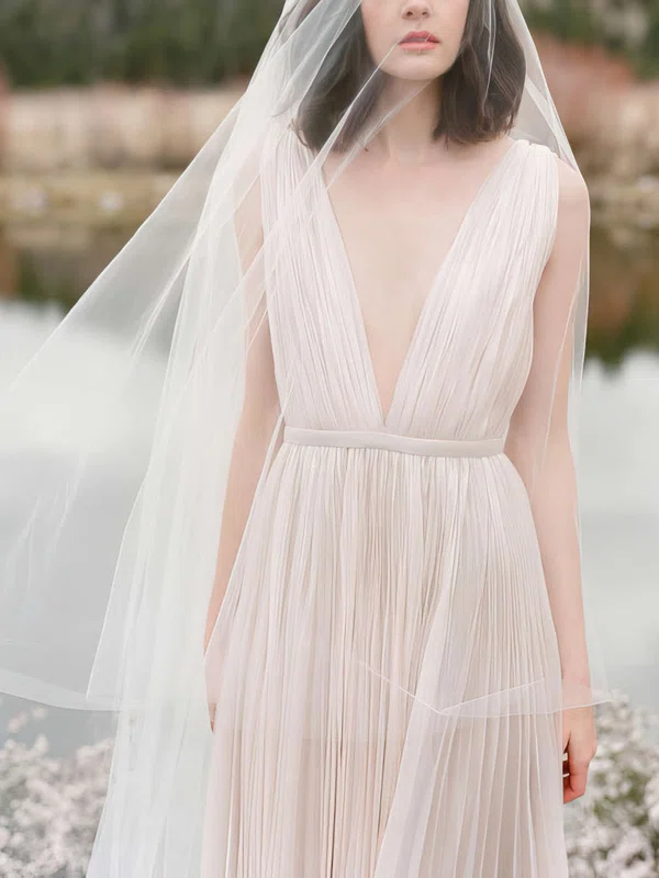 A-line V-neck Chiffon Floor-length Wedding Dresses With Split Front #UKM00022639