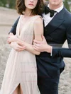 Sexy Backless A-line V-neck Chiffon Split Front Floor-length Wedding Dresses #UKM00022639