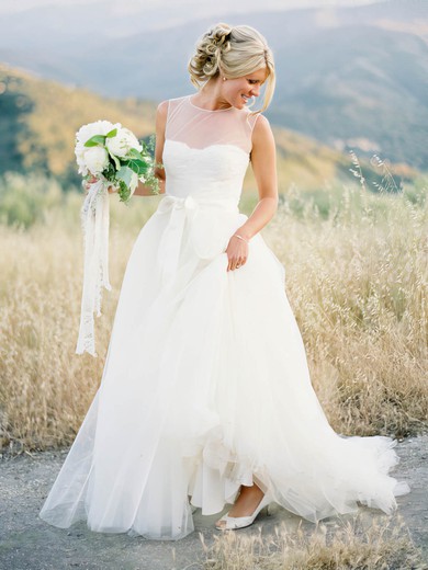 A-line Scoop Neck Tulle Appliques Lace Detachable Popular Wedding Dresses #UKM00022638