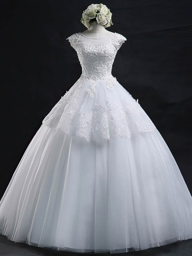 Ball Gown Illusion Tulle Floor-length Wedding Dresses With Appliques Lace #UKM00022629