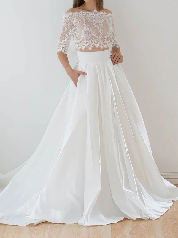 Ball Gown/Princess Off-the-shoulder Lace Taffeta Court Train Wedding Dresses With Pockets #UKM00022626