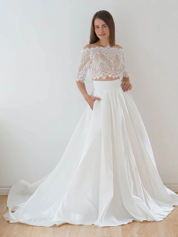 Two Piece A-line Off-the-shoulder Lace Taffeta Appliques Lace Court Train 1/2 Sleeve Unique Wedding Dresses #UKM00022626