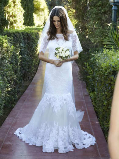 Trumpet/Mermaid Off-the-shoulder Tulle Appliques Lace Sweep Train 1/2 Sleeve Wedding Dresses #UKM00022623