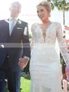 Fashion Trumpet/Mermaid Scoop Neck Lace Chiffon Appliques Lace Sweep Train Long Sleeve Backless Wedding Dresses #UKM00022766