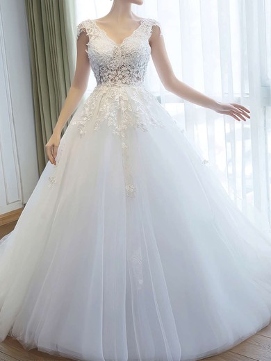 Ball Gown V-neck Tulle Court Train Wedding Dresses With Appliques Lace #UKM00022757