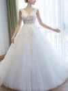 Ball Gown V-neck Tulle Court Train Wedding Dresses With Appliques Lace #UKM00022757