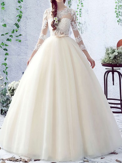 Ball Gown/Princess Illusion Tulle Floor-length Wedding Dresses With Appliques Lace #UKM00022758