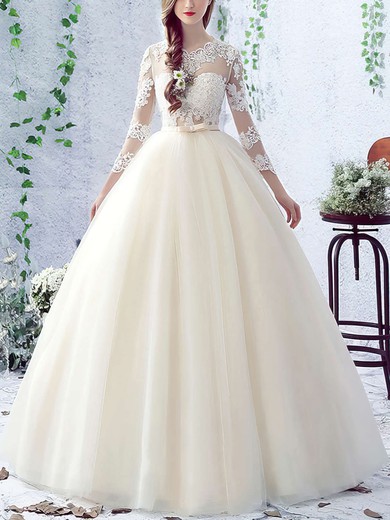 Sweet Ball Gown Scalloped Neck Tulle Appliques Lace Floor-length 3/4 Sleeve Open Back Wedding Dresses #UKM00022758
