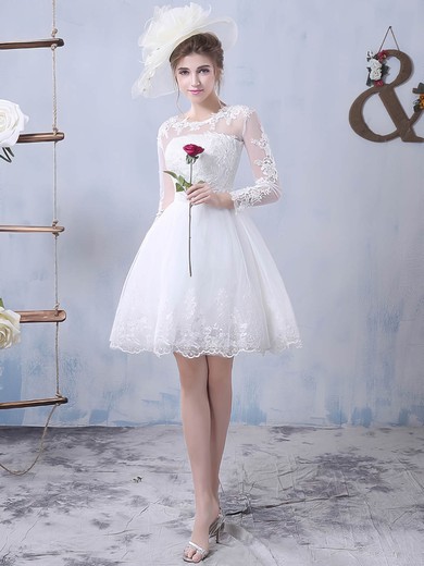 A-line Scoop Neck Tulle Appliques Lace Short/Mini Long Sleeve Pretty Wedding Dresses #UKM00022759