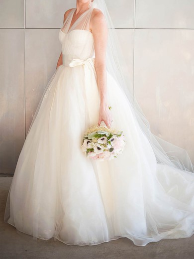 Ball Gown/Princess Halter Tulle Sweep Train Wedding Dresses With Sashes / Ribbons #UKM00022786