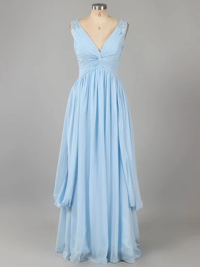 Sheath/Column V-neck Chiffon Floor-length Beading Prom Dresses #02060244