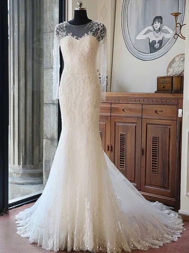 Trumpet Mermaid Illusion Tulle Court Train Wedding Dresses With