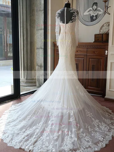 Pefantal Trumpet Mermaid V-Neck Long Sleeves Lace Court Train Tulle Wedding  Dresses, Ivory, 2 : : Clothing, Shoes & Accessories