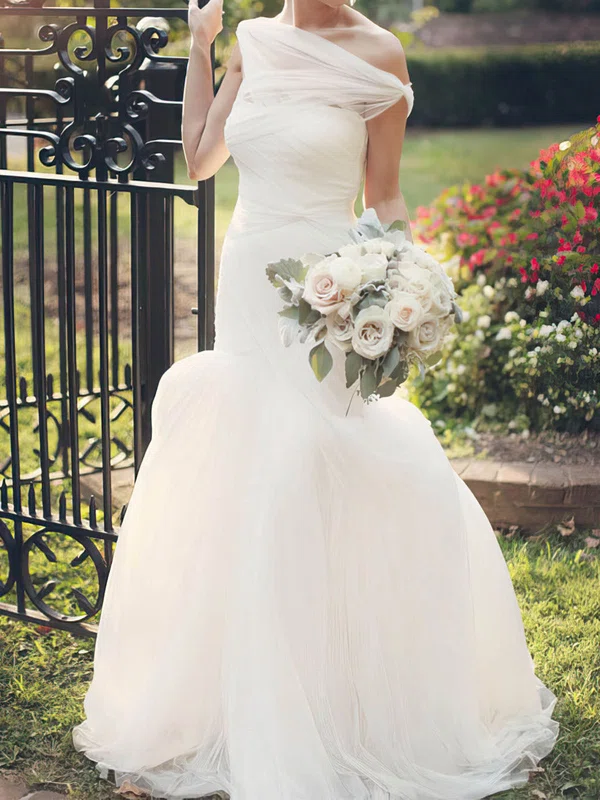 Trumpet/Mermaid One Shoulder Tulle Sweep Train Wedding Dresses With Ruffles #UKM00022607